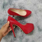 Women Sexy Pumps Stilettos 14cm Super High Heels Round Toes Platform Thin Heel NightClub Party Dress Red Wedding Shoes Big Size