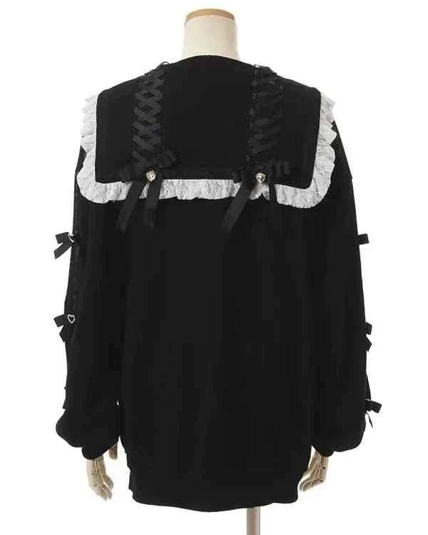 Japanese Liz Mine Mass-Produced Sailor Collar Ribbon Bow Sweet Hoodies Women Autumn Preppy Style Y2K Cute Oversized Sweatshirt