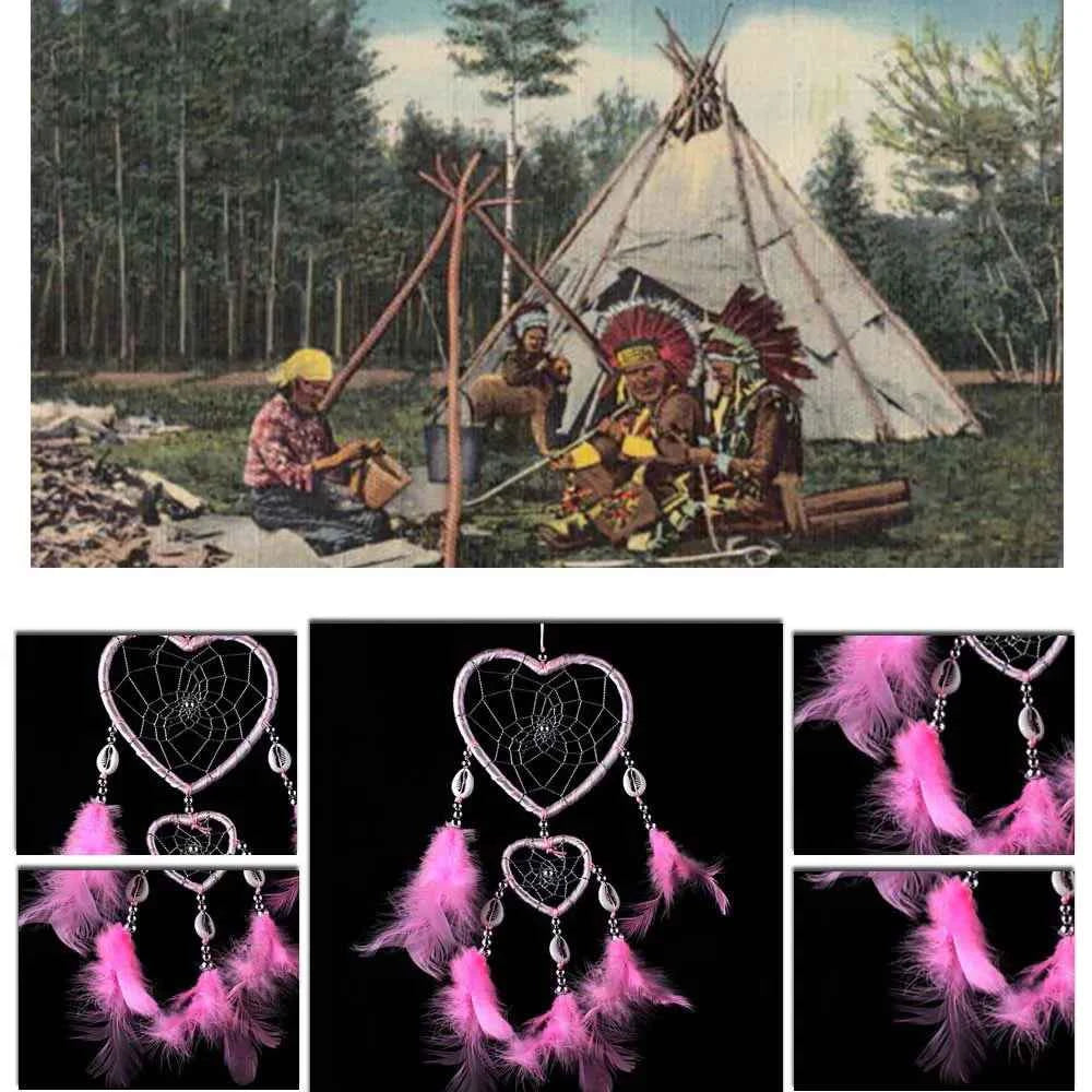 Indian Pink Purple Feather Dreamcatcher Love Wall Hanging Room Decor Handmade Aesthetic Retro Dream Catcher Wind Chime Ornament