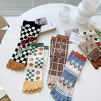 Womens Autumn And Winter Pure Cotton Five Finger Socks Printed Split Toe Socks Vintage Comfortable Socks