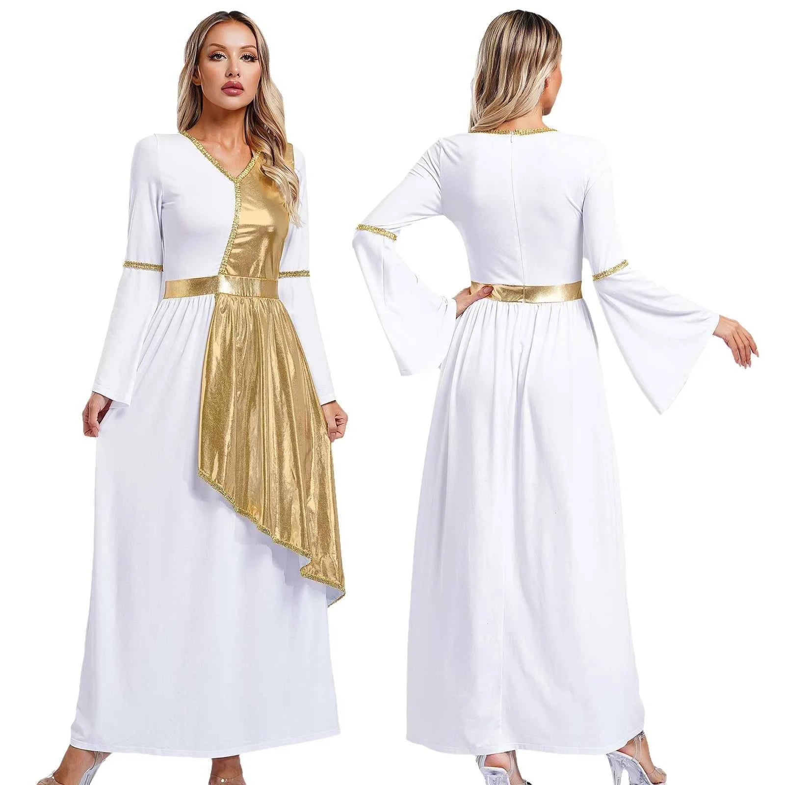 Woman's Greek Aphrodite Nymph Halloween Cosplay Costume Shiny Bell Long Sleeve Maxi Robe Dress Church Choir Prayer Gown