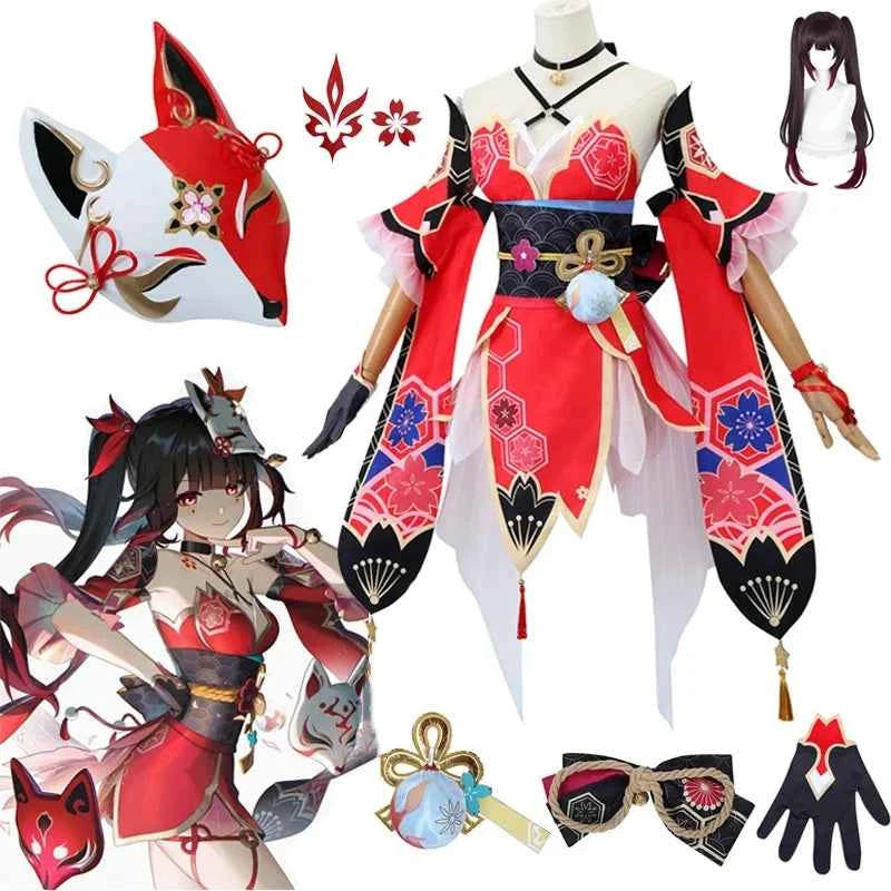 Honkai Star Rail Sparkle cosplay costume set including red dress, wig, fox mask, and accessories.