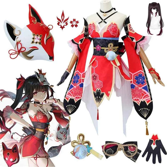 Honkai Star Rail Sparkle cosplay costume set including red dress, wig, fox mask, and accessories.