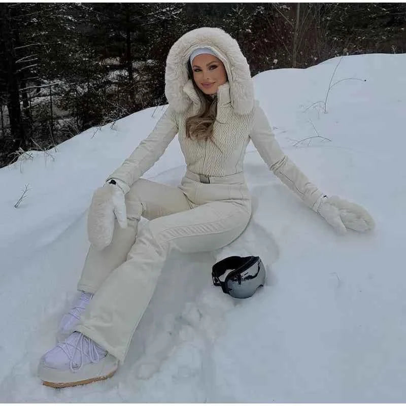 Fashion Solid Warm Ski Suit Women's Hood Fur Trim Full Sleeves Belt Coats High Waist Pants 2025 Winter Lady Windproof Tracksuit