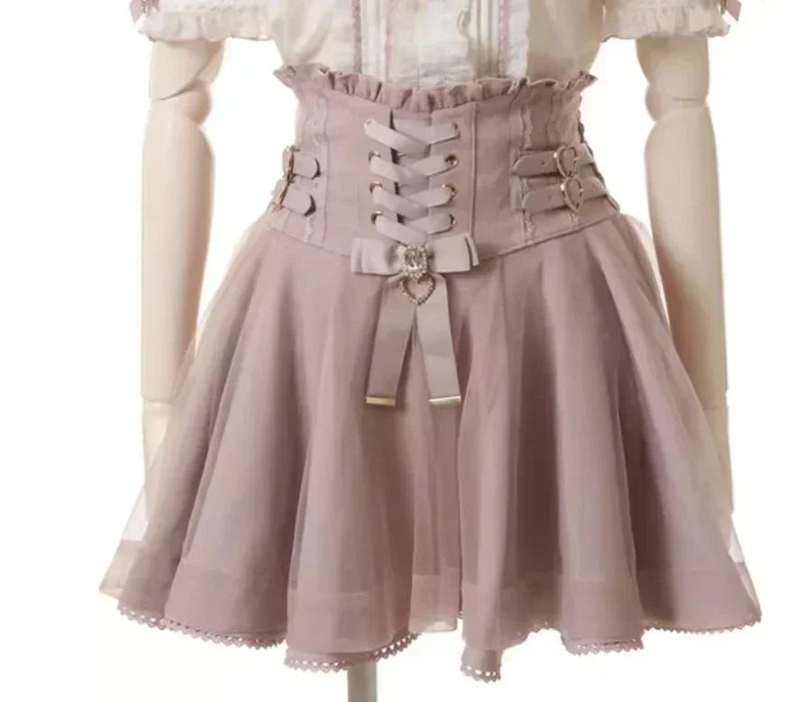 Japanese Liz Mine Women's Shirt Summer Off Shoulder Big Bow Short Sleeve Top Cute Girl BlousesHigh Waist Skirt 2 Piece Skirt Set SS69 65.69 pink skirt 1 / M