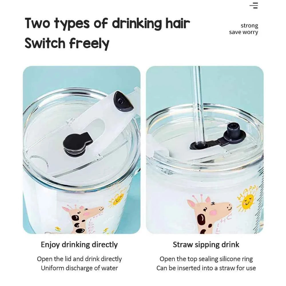 350ml Cute Unicorn Children Milk Cup With Scale Transparent Breakfast Cup With Straw Lid Cartoon Glass Cup For Kids Drinkware