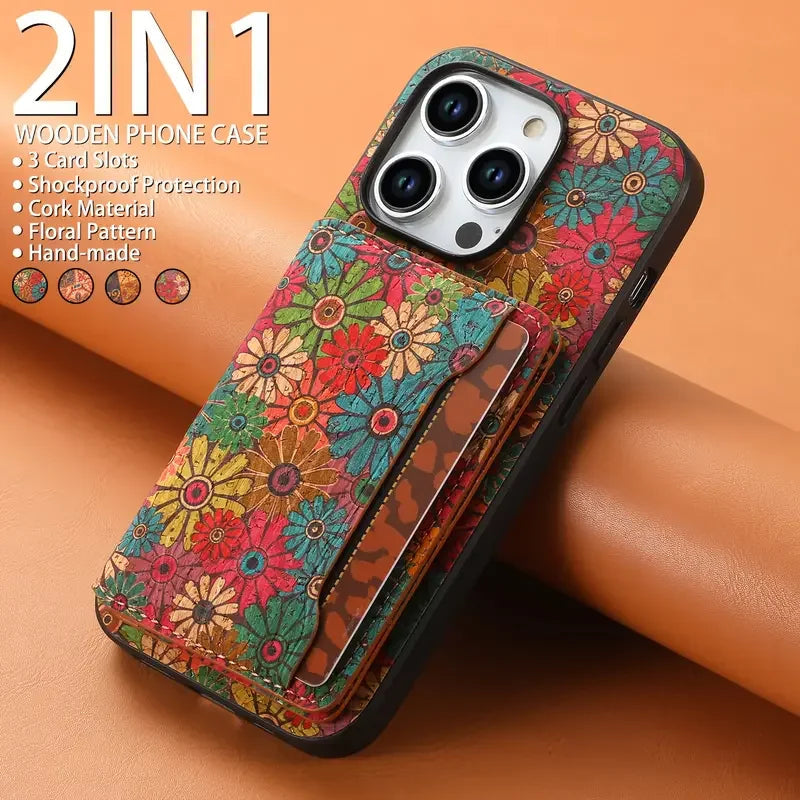 Denior Suitable For iPhone 16/15/14 Plus Premium Floral Totem Cork Phone Case For iPhone 13/12 Pro Max Card Holder Back Cover SS69