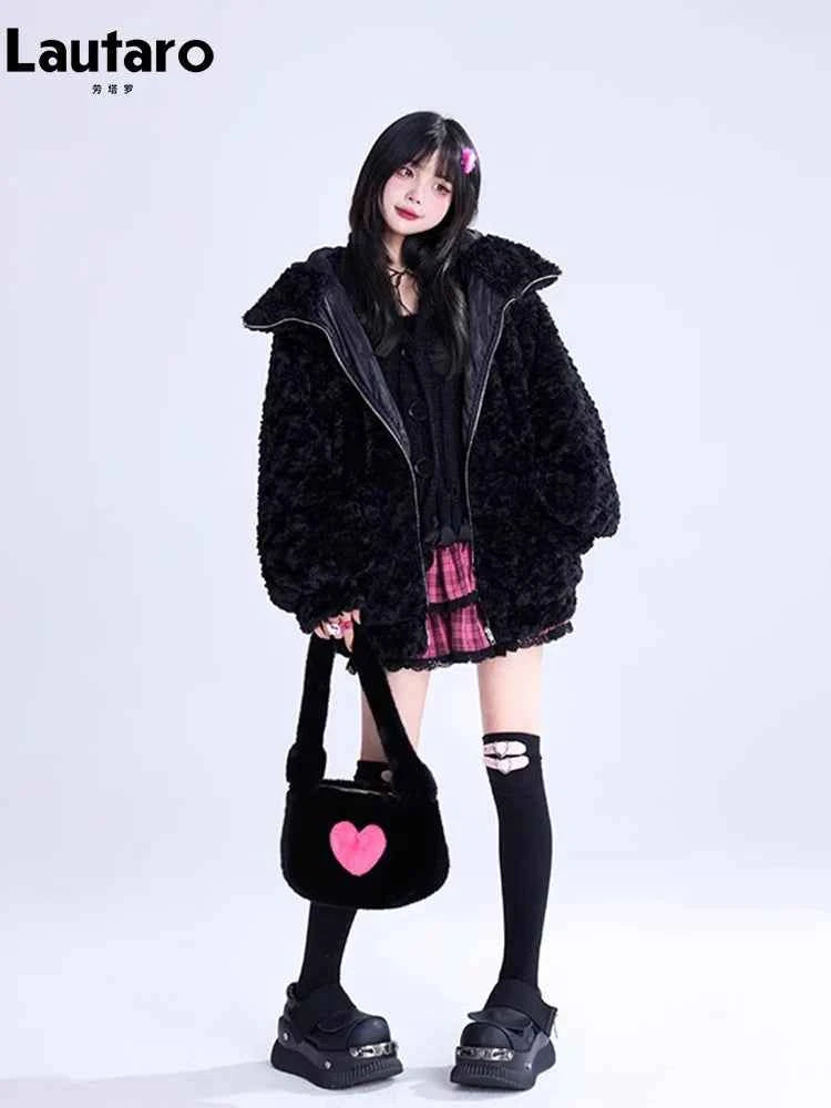 Lautaro Autumn Winter Sweet Cute Lovely Warm Thick Soft Black Faux Fur Coat Women Bunny Ears Fuzzy Fluffy Jacket Hoodie 2023