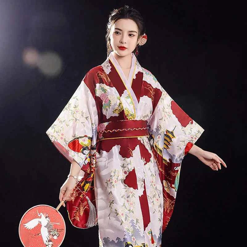 Women's Elegants Japanese Kimono Sexy Yukata with Obi Cosplay Costume National Novelty Evening Dress Printed Flower Geisha Gown