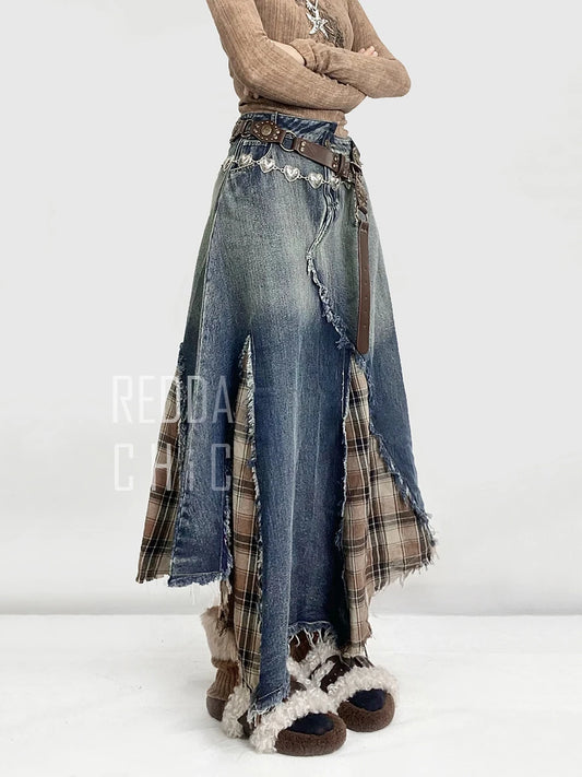 REDDACHiC Women's Irregular Patchwork Plaid Denim Maxi Skirt, Asymmetrical