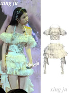 Kpop Singer Sexy Rhinestones Sling Tops Irregular Ruffled Skirts Stage Performance Outfits Women Nightclub Dj Jazz Dance Costume