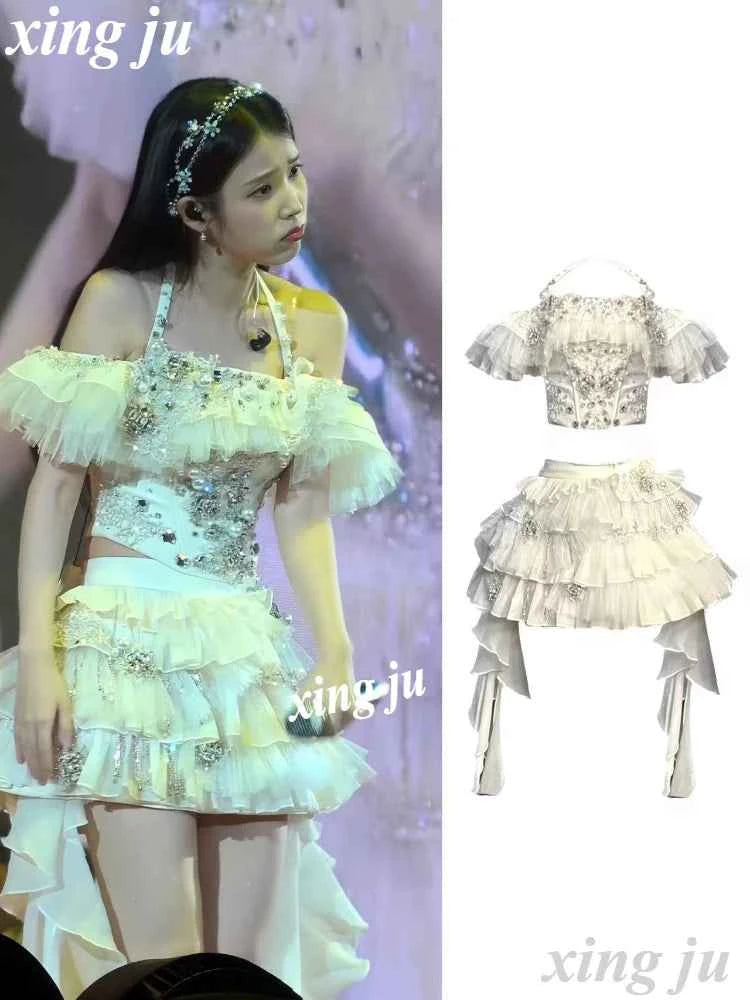 Kpop Singer Sexy Rhinestones Sling Tops Irregular Ruffled Skirts Stage Performance Outfits Women Nightclub Dj Jazz Dance Costume