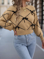 2026 Fashion Contrasting Bow Knitted Sweaters Autumn Winter Casual Round Neck Lantern Long Sleeve Tops for Woman Valentine's Day