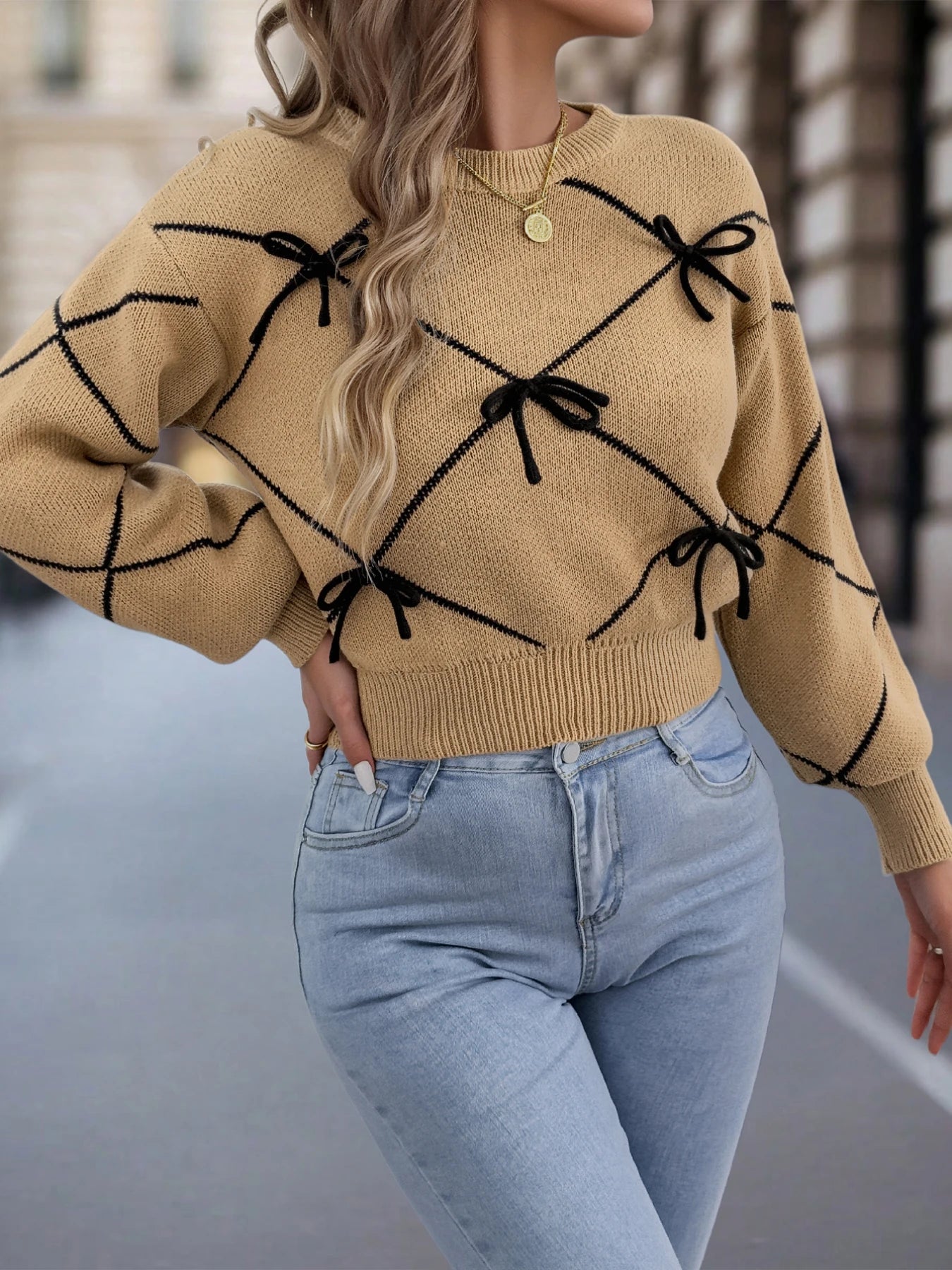 2026 Fashion Contrasting Bow Knitted Sweaters Autumn Winter Casual Round Neck Lantern Long Sleeve Tops for Woman Valentine's Day