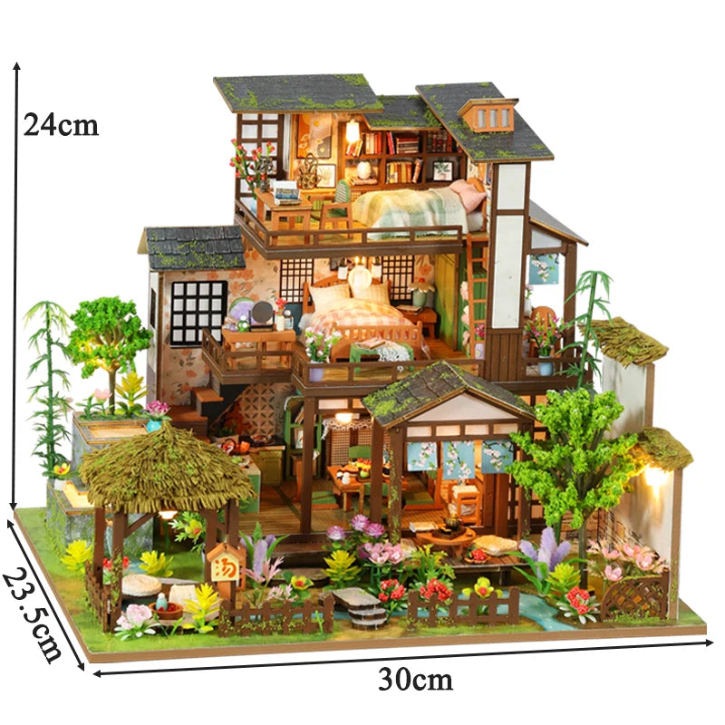 DIY Wooden Bamboo Spring Courtyard Casa Miniature Building Kits Bookend Assembled Dollhouses Bookshelf Home Decor Friends Gifts SS69