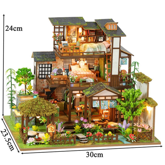 DIY Wooden Bamboo Spring Courtyard Casa Miniature Building Kits Bookend Assembled Dollhouses Bookshelf Home Decor Friends Gifts SS69