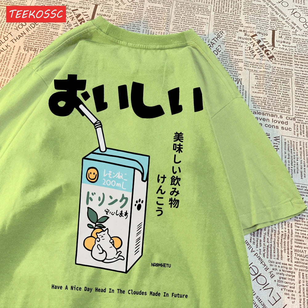 Cute Japanese Cat Print Oversized T-shirt Women Men Short Sleeve Loose Casual Tee Shirt Streetwear Tops Cotton Harajuku Clothing SS69 13.69 Light Green / XXXL