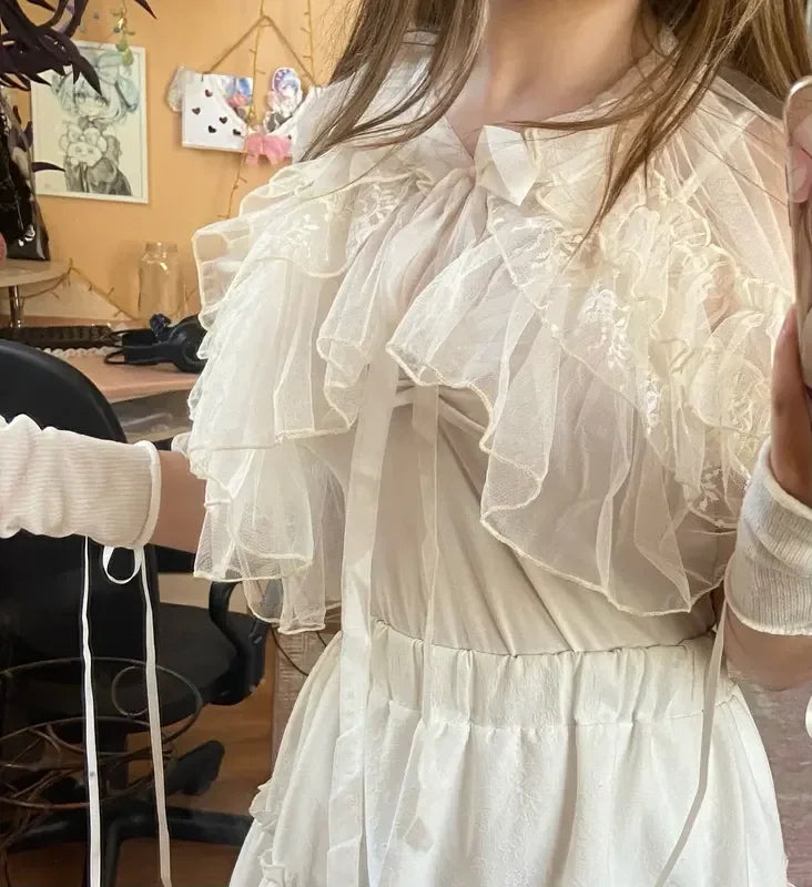 Women's Lace Mesh Short Shawl Poncho - Open Front Ruffled Collar