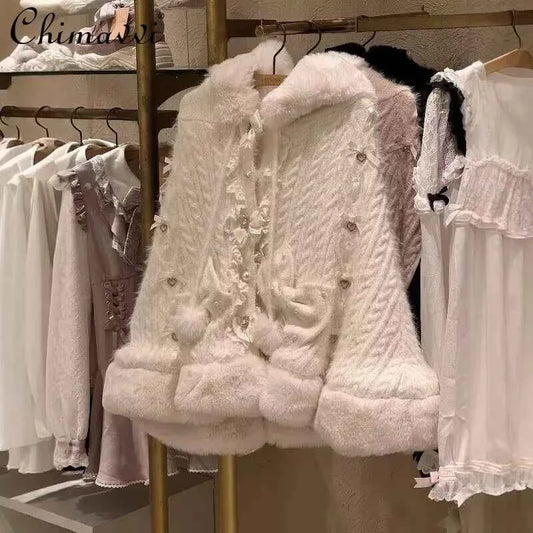 Liz Japanese Sweet Princess Faux Rabbit Fur Cape Coat Autumn Winter Girl Women Fur Jacket Clock Rhinestone Bow Hooded Coat