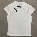 Women's Beige Chinese Style Cheongsam Blouse Vintage Mandarin Collar Short Sleeve Crop Top with Frog Button Keyhole Asymmetrical