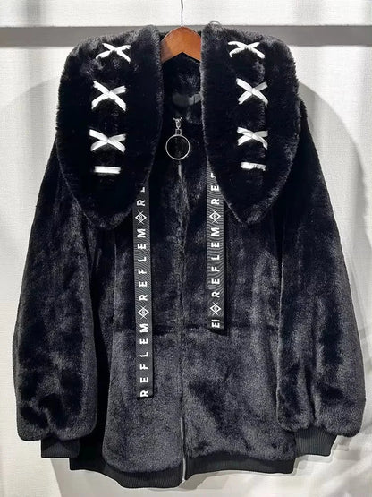Nerazzurri Winter Sweet Cute Kawaii Soft Thick Warm White Faux Fur Coat Women with Bunny Ears Cute Fluffy Jacket Hoodie 2024 SS69 70.69 Black / S
