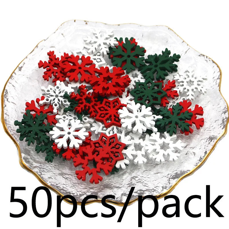 (50 Pieces/pack) 23mm Christmas Snowflake Wood Chips Colorful Diverse New Year's Holiday Party Window Decoration Props Toys DIY