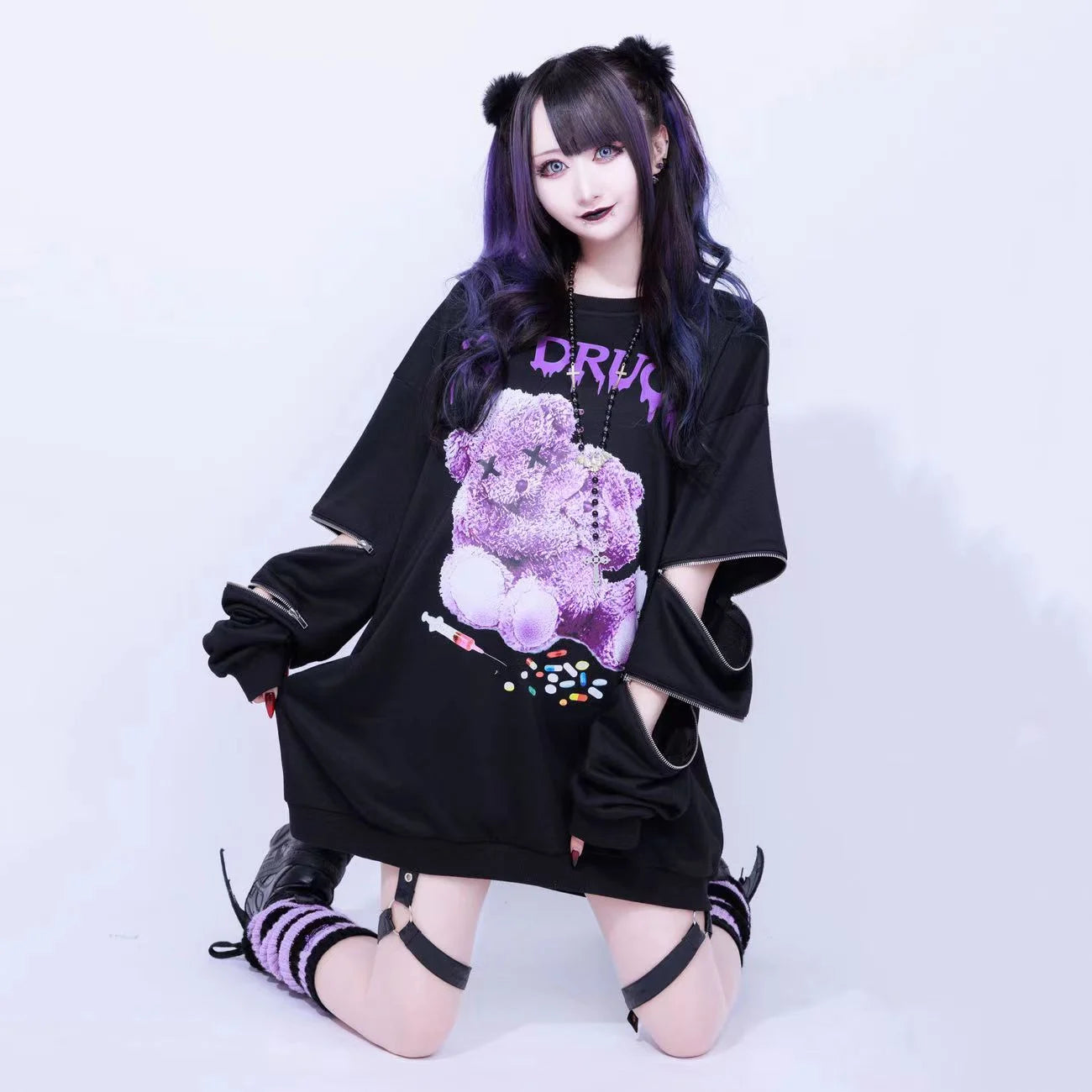 Harajuku Printed Black Zipper Hoodie