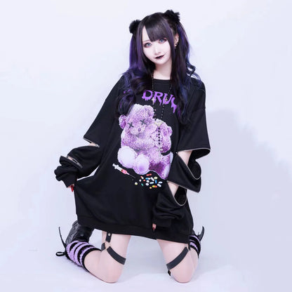 SS69 Japanese Harajuku Printed Black Sweatshirt, Loose Zipper Hoodie