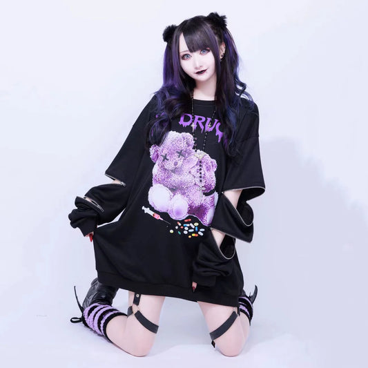 SS69 Japanese Harajuku Printed Black Sweatshirt, Loose Zipper Hoodie