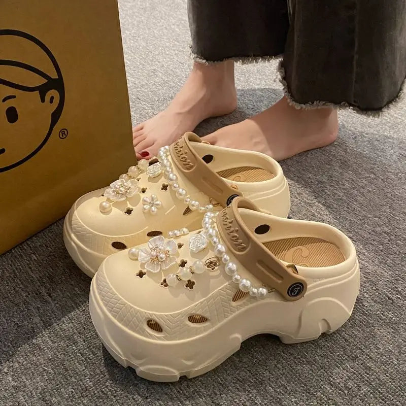 Summer Fashion Pearl Chain DIY Clogs Women 2025 Chunky Platform Slip On Sandals Women Thick Bottom EVA Slippers Shoes Woman Heel