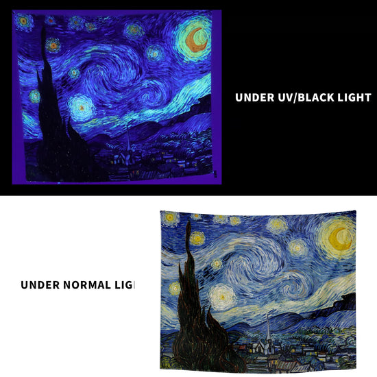 Starry Night Blacklight Tapestry by Van Gogh Wall Art for Bedroom Aesthetic, Abstract Wall Hanging UV Reactive Fabric Poster for