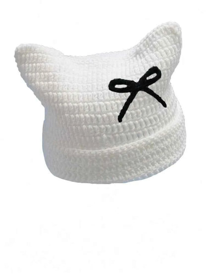 2025 New Hand-Knitted Bow Cat Ear Hooded Cap For Winter Men And Women, Striped Hollowed-Out Knitted Cap, K2y Street Style