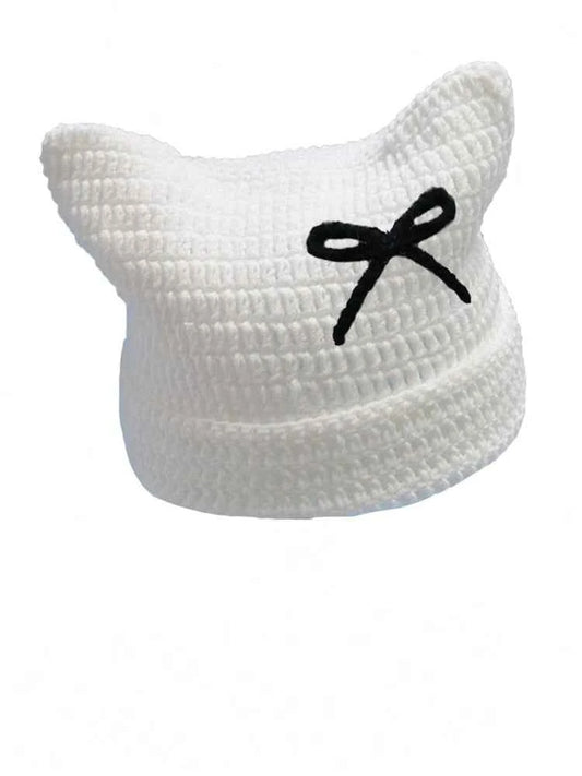2025 New Hand-Knitted Bow Cat Ear Hooded Cap For Winter Men And Women, Striped Hollowed-Out Knitted Cap, K2y Street Style