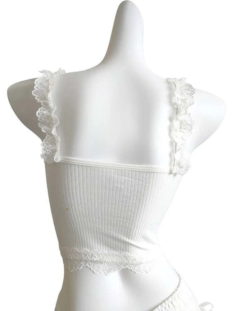 Sweet Crop Top Women Lace Trim Cotton Cropped Bows Bead Decoration Pink White Cute Camis Sweet Girls Lolita Style Kawaii Clothes SS69