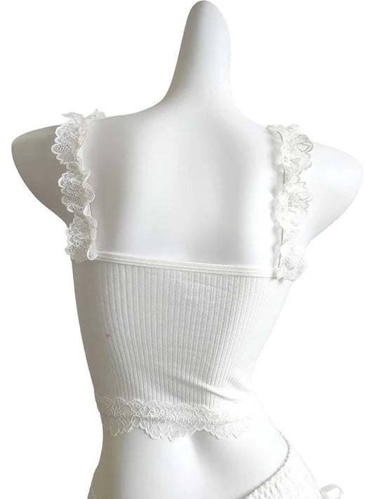 Sweet Crop Top Women Lace Trim Cotton Cropped Bows Bead Decoration Pink White Cute Camis Sweet Girls Lolita Style Kawaii Clothes SS69