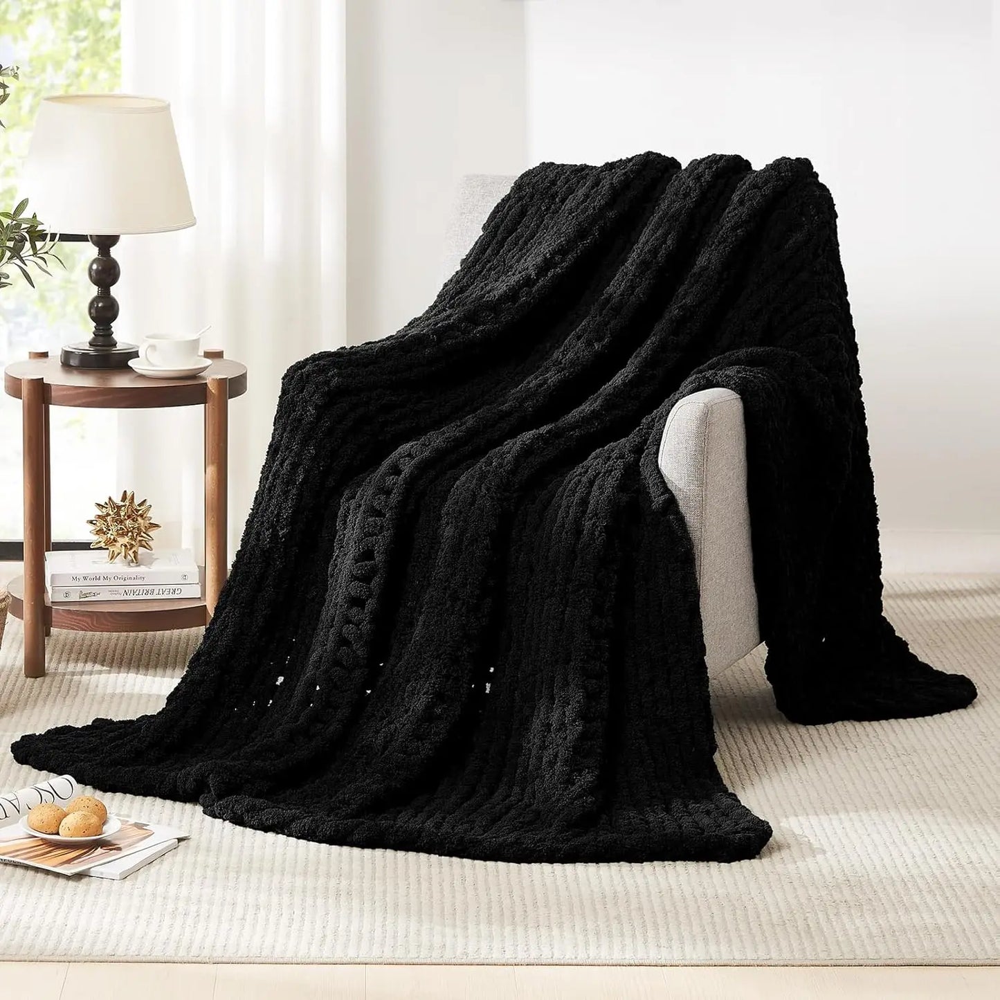 Chunky Knit Blanket Throw Chenille Chunky Knitted Throw Blanket for Bed Couch Handmade Thick Big Cable Knit Blanket