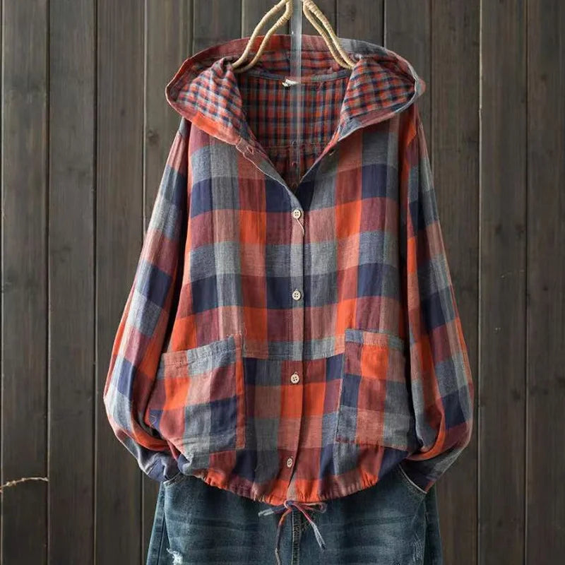 Large size blouses for women autumn spring hooded long sleeve single-breasted plaid shirts oversized shirt top female hoodies