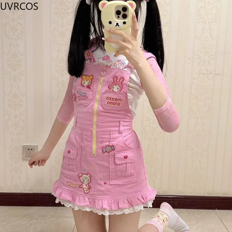 Sweet Lolita Style Strap Dress Women Cute Bunny Cartoon Embroidery Kawaii Party Mini Dress Female Korean Fashion Princess Dress SS69
