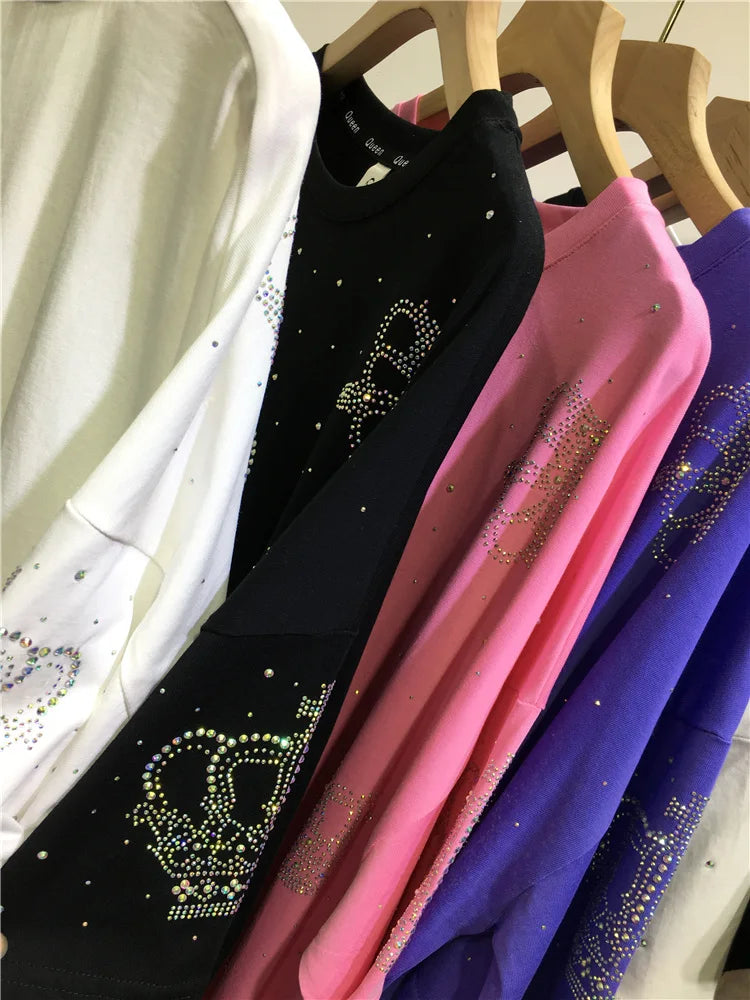 Oversized European top summer new fashion loose rhinestone diamond crown iron diamond women's short-sleeved T-shirt SS69