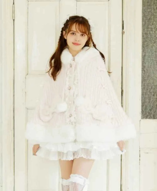Autumn and Winter Japanese Liz Furry Knitted Cape Coat Sweet Girls Women Mine Series Cute Bow Princess Hooded Kawaii Lolita Coat
