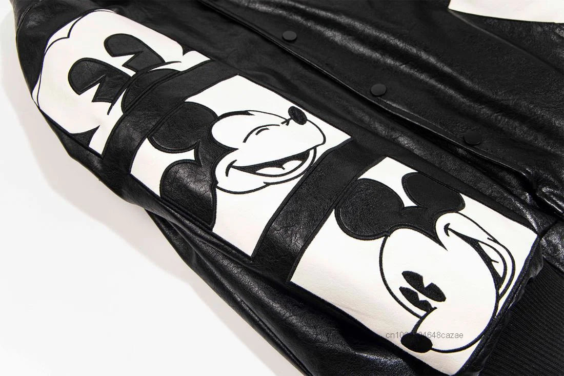 Disney American Cartoon Mickey Embroidery Leather Jacket Men Women Autumn Winter Loose Casual Jacket Fashion Trend Couples Coat SS69