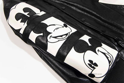 Disney American Cartoon Mickey Embroidery Leather Jacket Men Women Autumn Winter Loose Casual Jacket Fashion Trend Couples Coat SS69