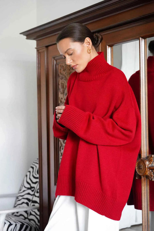 Autumn Women's Knitted Sweater Oversize High Collar Yellow Vintage Pullover Soft Winter Warm Vintage Red Sweaters for Women