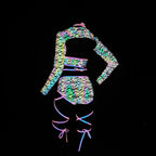 Harajuku Fashion Women Colorful Reflective Set Bandage Shorts+Bra+Crop Top Techwear Clothing Conjuntos Curtos SS69