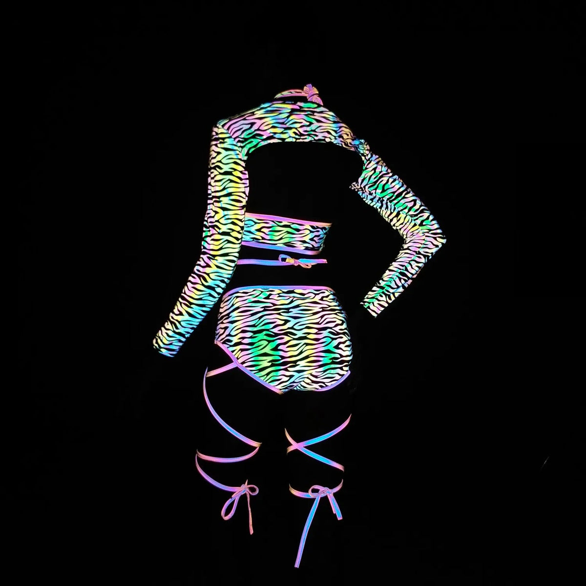 Harajuku Fashion Women Colorful Reflective Set Bandage Shorts+Bra+Crop Top Techwear Clothing Conjuntos Curtos SS69