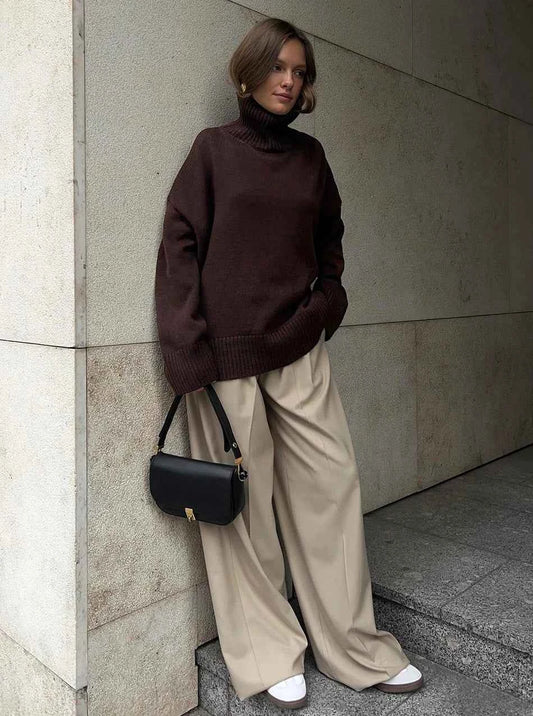 Autumn Women's Knitted Sweater Oversize High Collar Yellow Vintage Pullover Soft Winter Warm Vintage Red Sweaters for Women