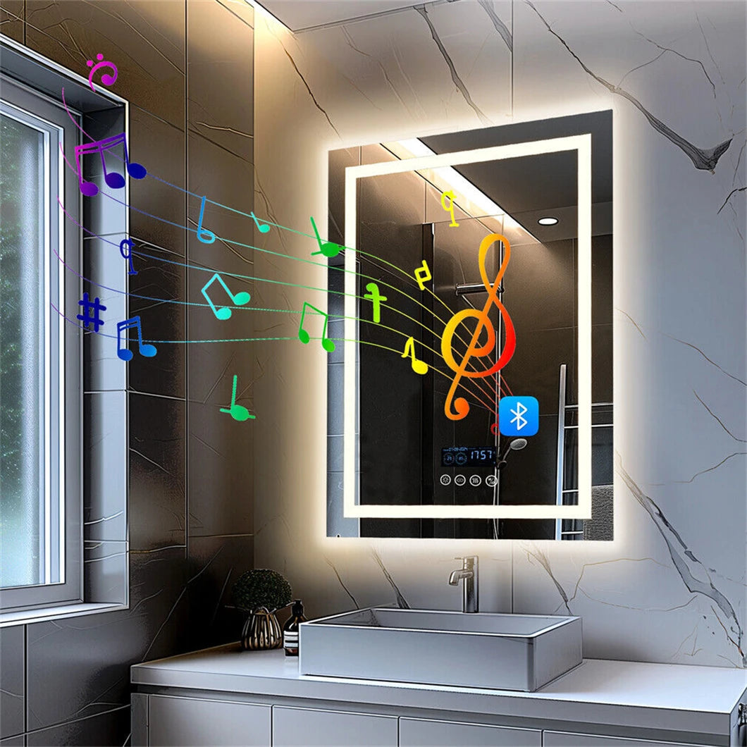 Smart LED Bathroom Mirror Rectangle Wall Mount Mirror w Bluetooth Speaker,Time,Temperature,Light Memory,Front & Backlit,Anti-Fog SS69