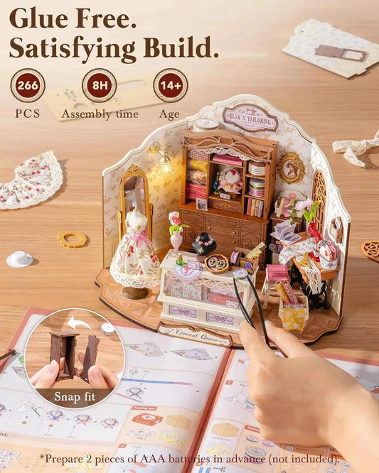 Robotime DIY Miniature House Kit Elsa's Tailoring 1:18 Scale Dollhouse Building Kit Antique Bookshelf Display Crafts for Adults