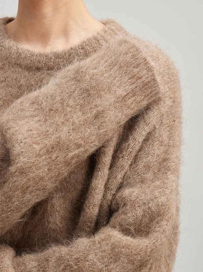 Warm Alpaca Pullovers for Woman, Dropped Sleeved Loose Sweaters, 2025 Fall Winter Top, Camel, Beige