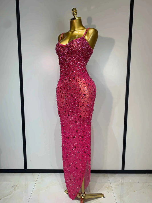 Luxury Rhinestones Sexy Mesh See Through Bodycon Dress Women Birthday Evening Cocktail party Gown Red Carpet Club Stage Outfit